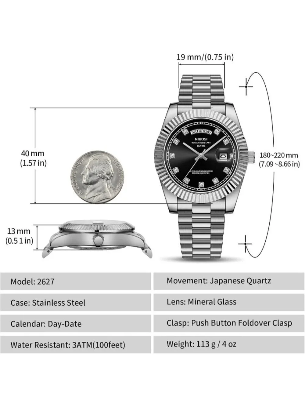 Nibosi Mens Silver Black Analog Quartz Stainless Dimond Waterproof Desiger Watch